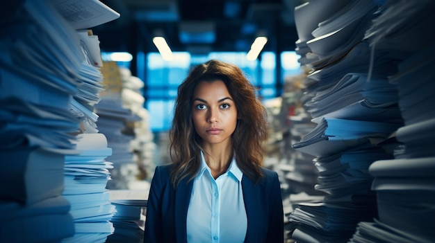 Photo woman standing in a room with files