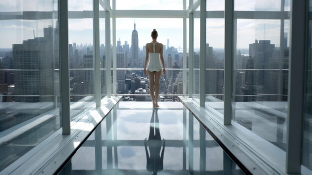 Photo a woman standing in a room with a view of a city generative ai art