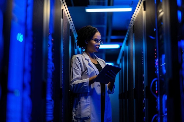 Photo a woman standing in a server room holding a tablet