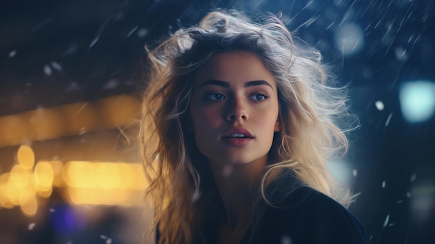 Woman Standing in the Snow With Blowing Hair