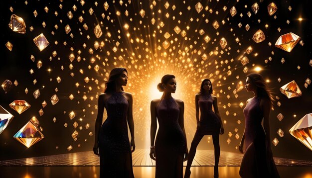 Photo a woman standing on a stage with colorful diamonds exploding in the background
