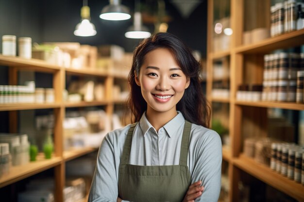 店内で腕を組んで立っている女性。