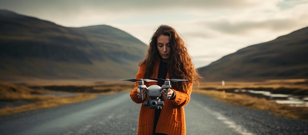 Foto una donna in piedi per strada e con un drone pronto a volare immagine generata dall'ai