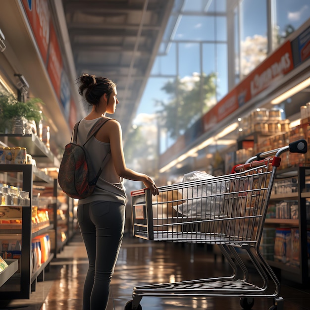 A woman standing in a supermarket pushing a shopping cart daylight