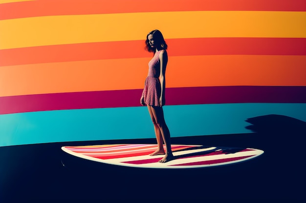 A woman standing on a surfboard with a striped background