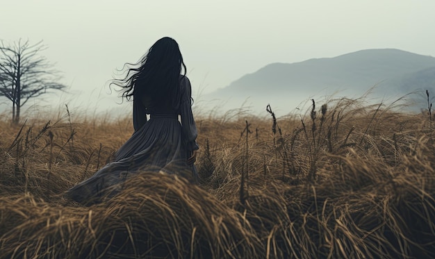 Woman Standing in Tall Grass Field