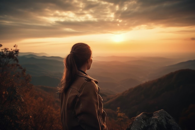 A woman standing on top of a lush green hillside generative AI