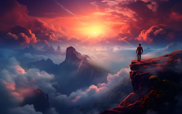 夕焼け空のある未来的な世界で山のイラストの上に立つ女性