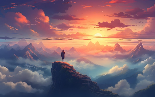 일몰 하늘이 있는 미래 세계의 산 삽화 위에 서 있는 여자