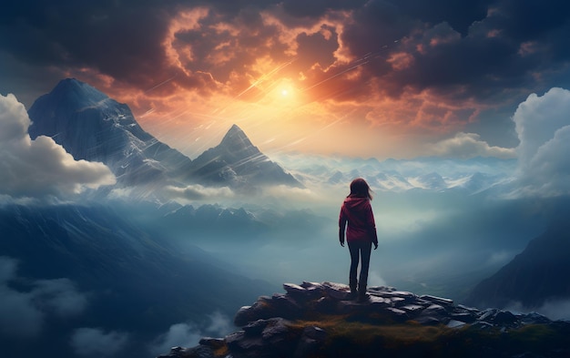 woman standing on top of a mountain illustration in Futuristic world with sunset sky