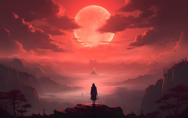 woman standing on top of a mountain illustration in Futuristic world with sunset sky