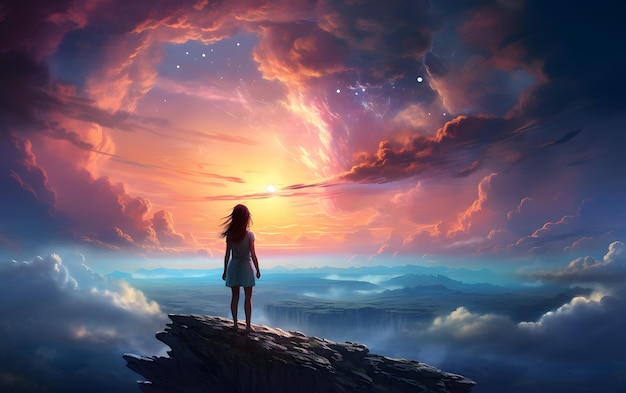 женщина, стоящая на вершине горы иллюстрация в футуристическом мире с закатным небом