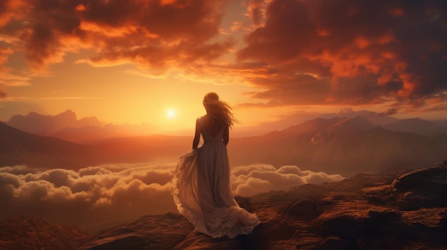 a woman standing on top of a mountain looking at the sunset