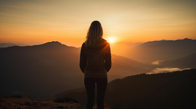 Woman standing on top of mountain with arms raised at sunrise Generative AI