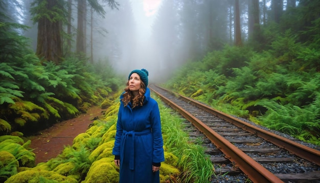 The woman standing on a train track with a foggy atmosphere surrounding her She is wearing coat and a knitted cap generative AI