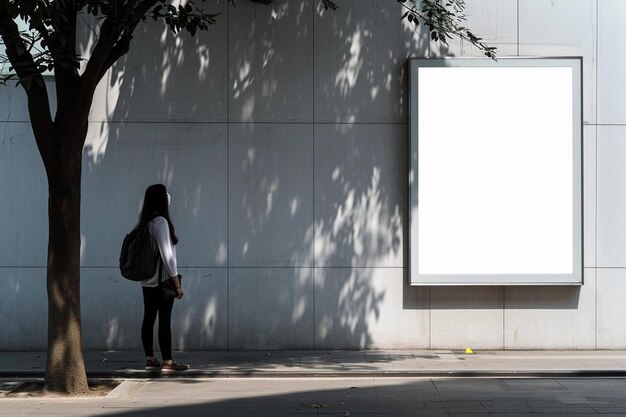 a woman standing next to a tree near a building