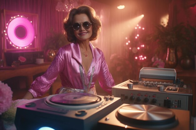 Woman standing next to turntable in room