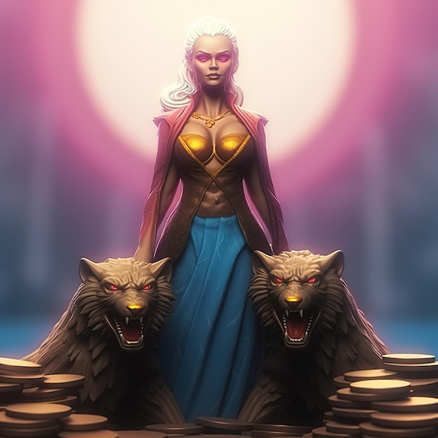 A woman standing between two wolf statues with a pink background