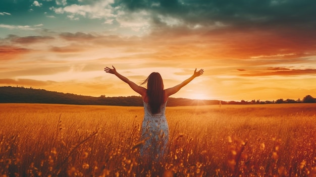 Woman standing in a wheat field with her arms raised in the air