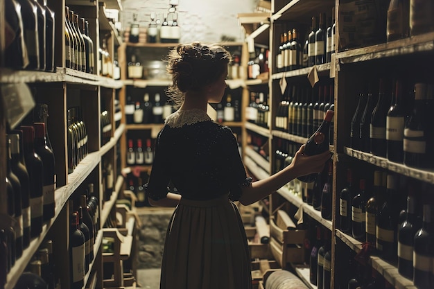 와인 지하실 에 서 있는 여자 가 병 을 보고 있다