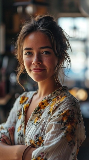 a woman standing with her arms crossed looking at the camera