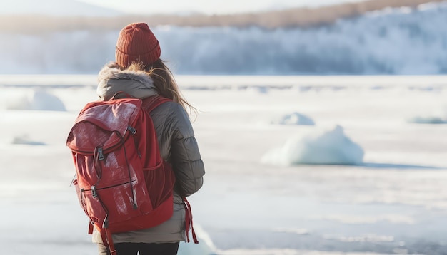 写真 赤いバックパックで湖の冬の山を見ながら背中を向けて立っている女性