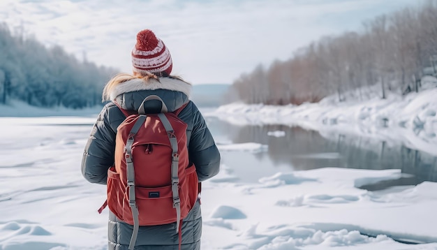Женщина стоит с спиной и смотрит на зимние горы на озере с красным рюкзаком