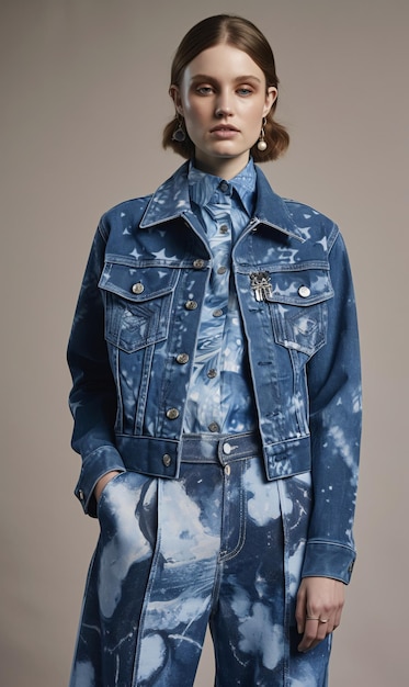 A woman standing with her hands in her pockets in a denim suit with colored inserts AI generated AI generative AI generativ