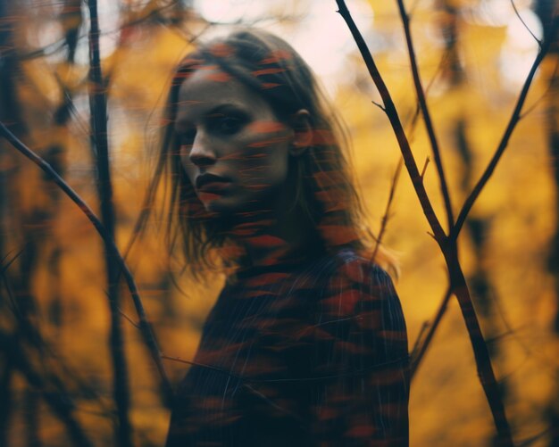 a woman standing in the woods with her hair blowing in the wind