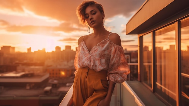 A woman stands on a balcony in front of a sunset.