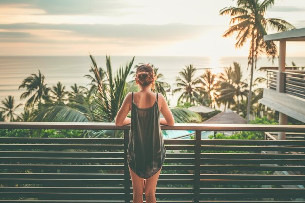 A woman stands on a balcony gazing out at the vast ocean with a sense of contemplation and serenity