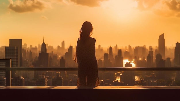 A woman stands on a balcony overlooking a cityscape.