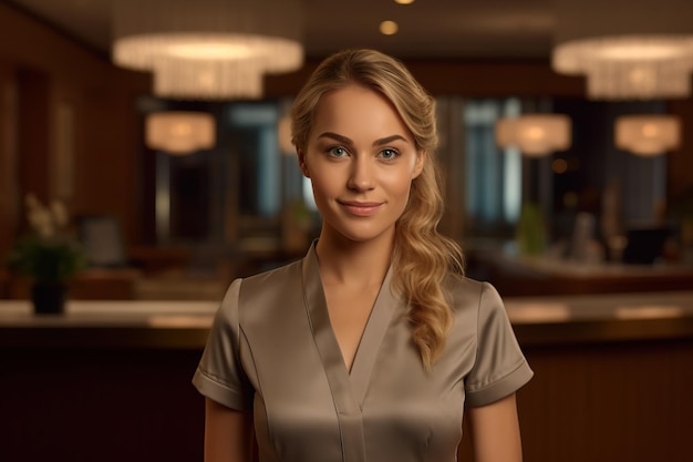 A woman stands in a bar wearing a grey dress