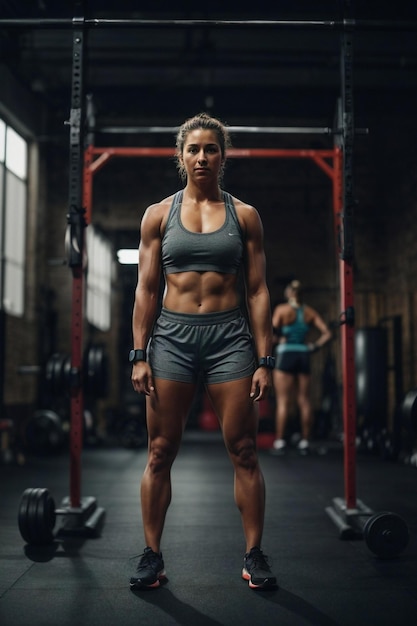 a woman stands on a barbell with her arms crossed.