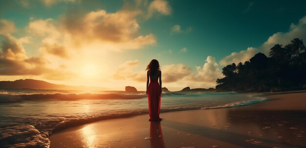 女性がビーチに立って夢のような風景を描き日光に浴びて落ち着くシーンを描いています