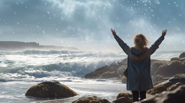 A woman stands on a beach in front of a stormy sky.