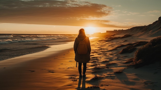 夕日の前の浜辺に立つ女性。