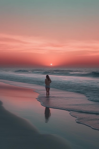 A woman stands on the beach in front of a sunset.