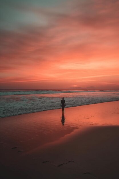 A woman stands on a beach in front of a sunset.