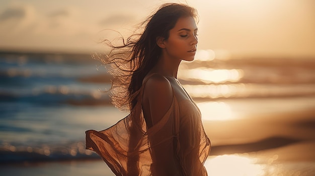 A woman stands on a beach in front of a sunset