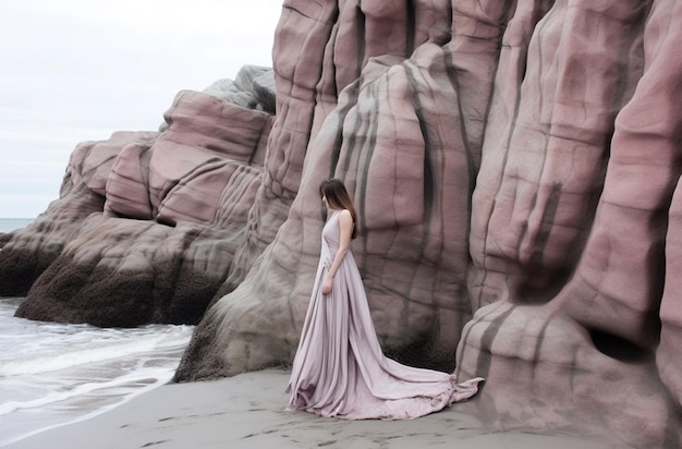 A woman stands on a beach in a long dress.