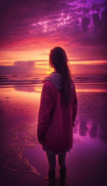 女性が浜辺に立って夕日を眺めています。