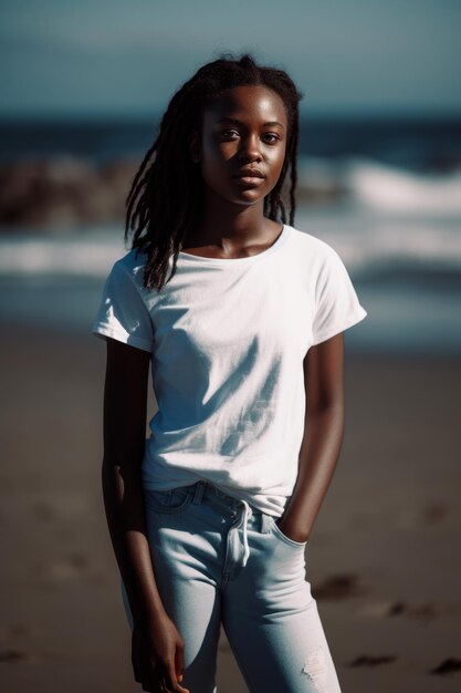 A woman stands on a beach wearing a white shirt and jeans.