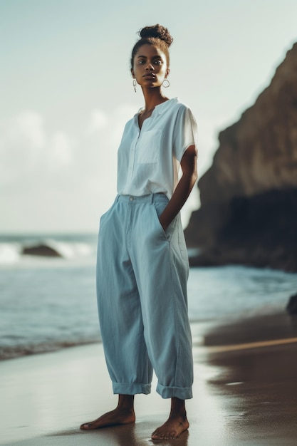 A woman stands on a beach wearing a white shirt and pants.