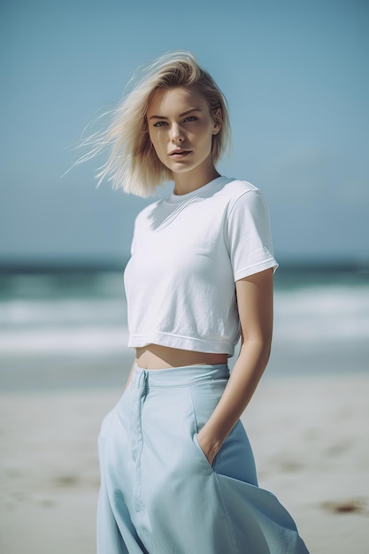 A woman stands on a beach wearing a white top and blue skirt.