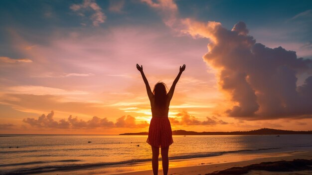 Photo a woman stands on the beach with her arms raised in the air