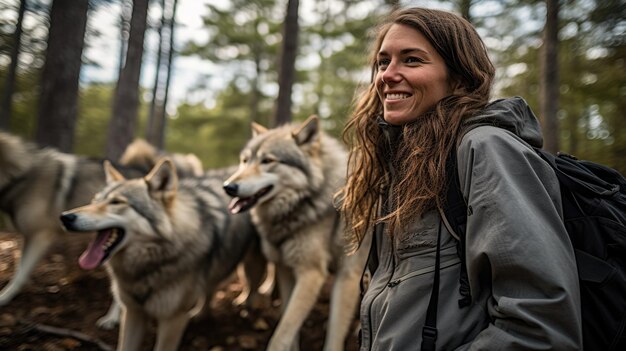 A woman stands beside wolves smiling warmly