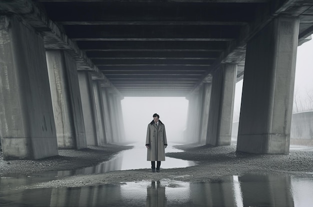 A woman stands under a bridge with a mask on her head.