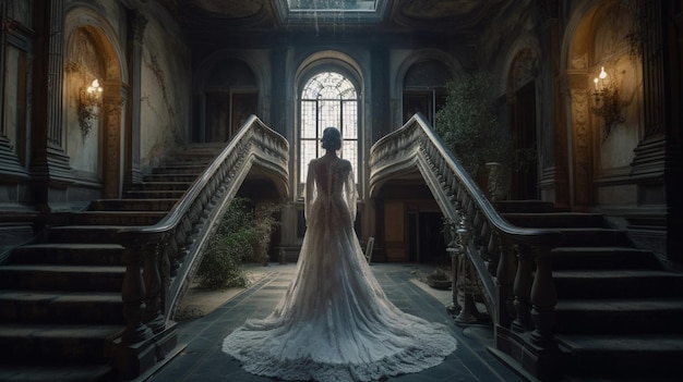 A woman stands in a building with a large window that says'the bride '