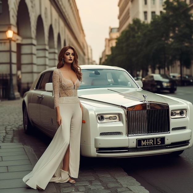 a woman stands next to a car with the license plate number 54.